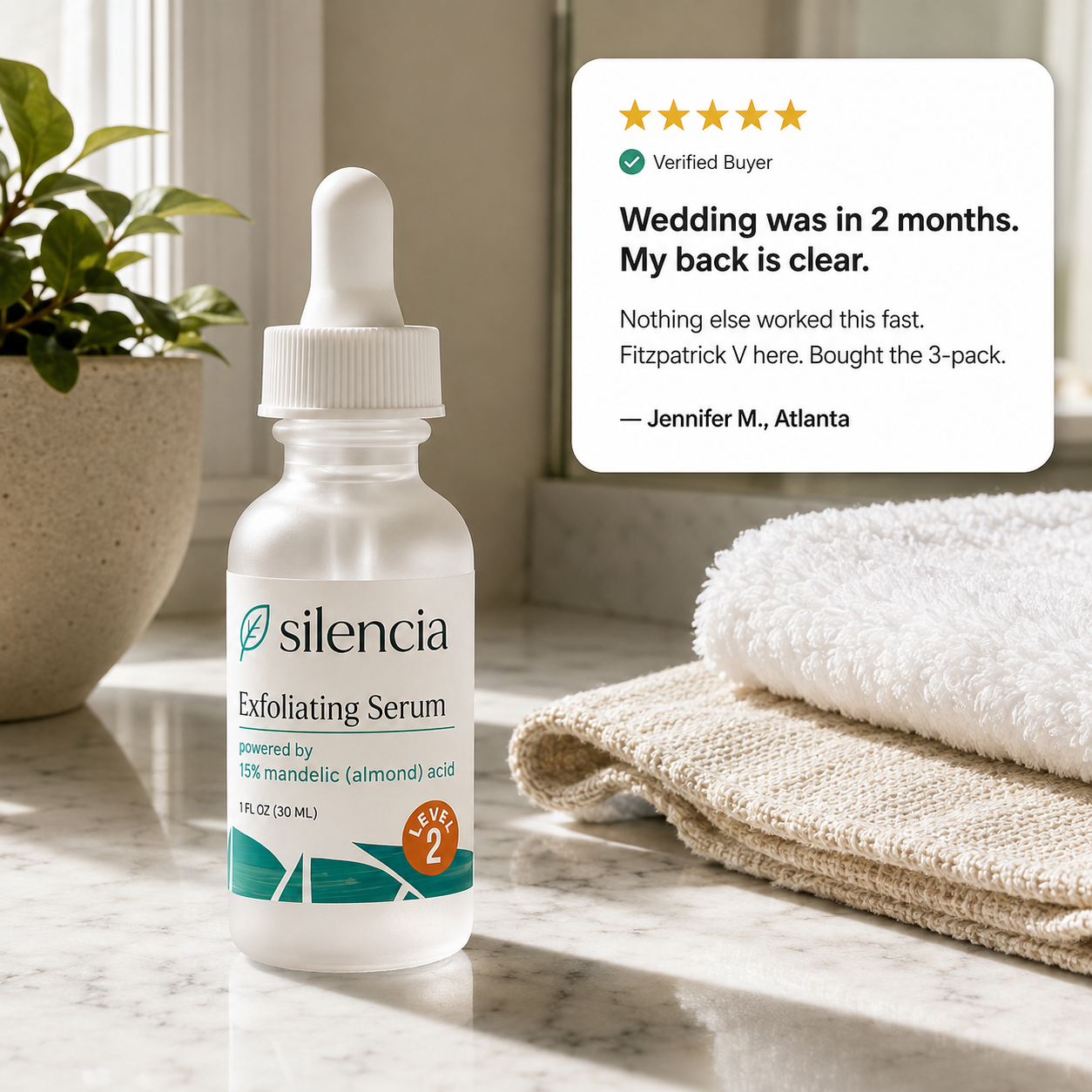 Silencia in bathroom setting · Jennifer M verified review · Fitzpatrick V results