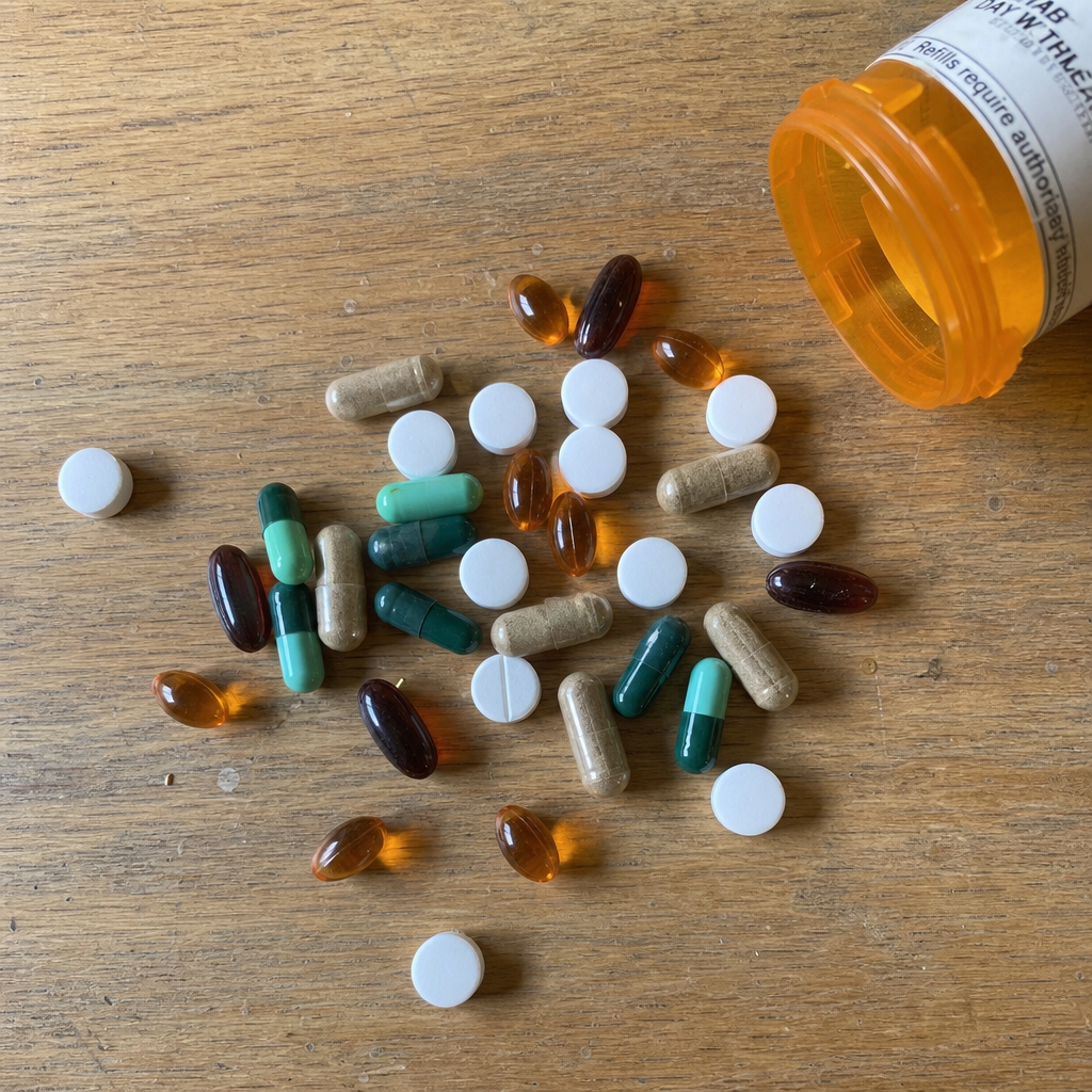 Scattered pile of assorted supplement capsules on wood counter