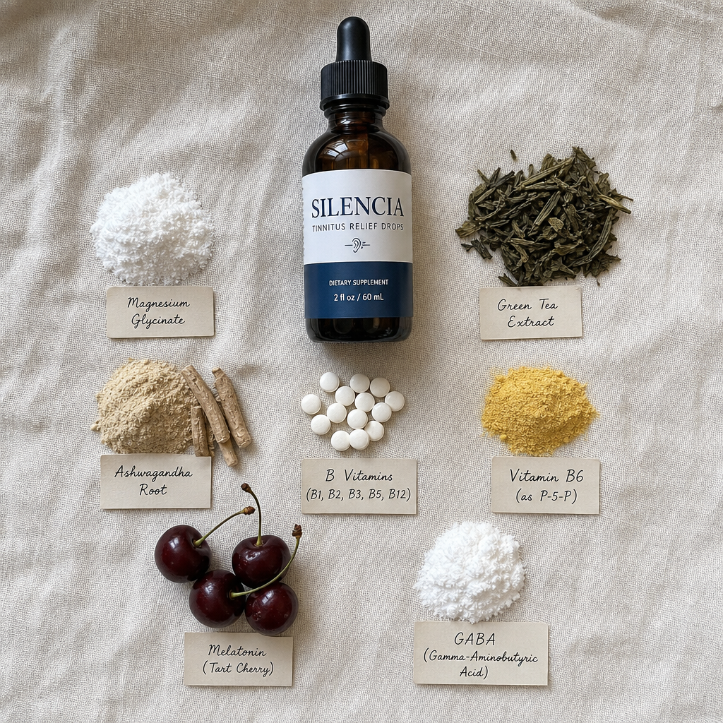 Silencia bottle surrounded by 7 raw ingredients on linen
