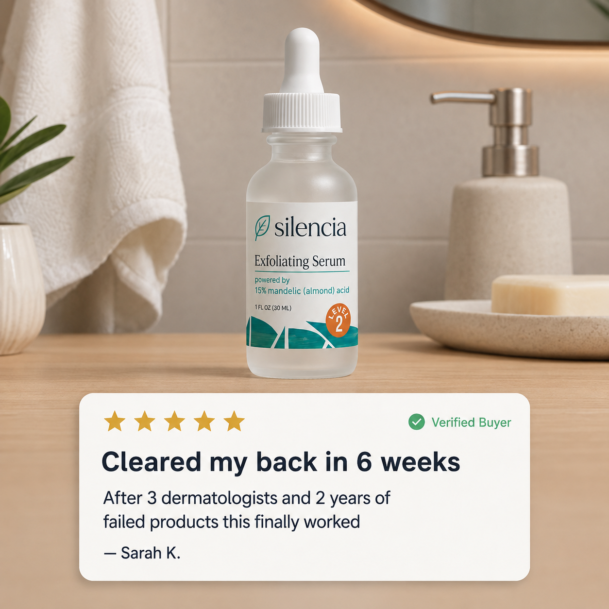 Silencia Body Clearing Serum · 5-star review · Sarah K cleared her back in 6 weeks