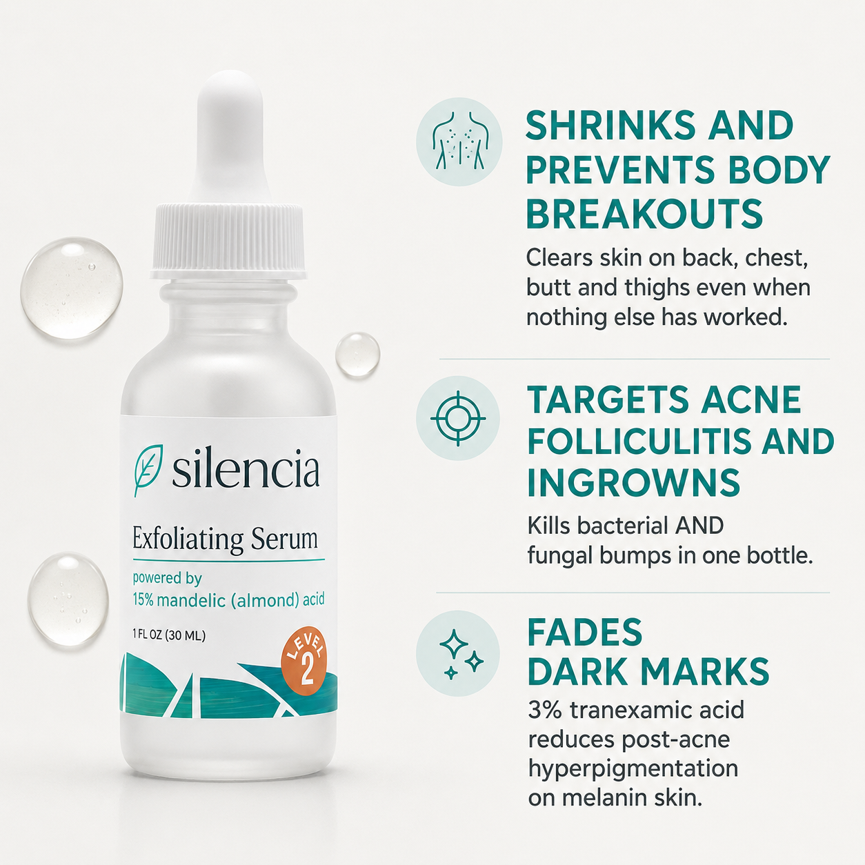 3 benefits: shrinks body breakouts · targets acne and folliculitis · fades dark marks