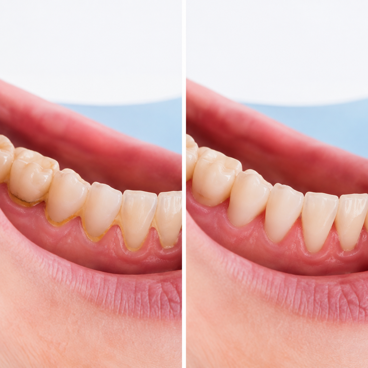 Illustrative comparison of visible surface buildup before and after careful oral hygiene