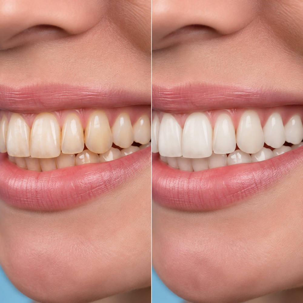 Illustrative comparison of mild surface staining and a naturally brighter-looking smile