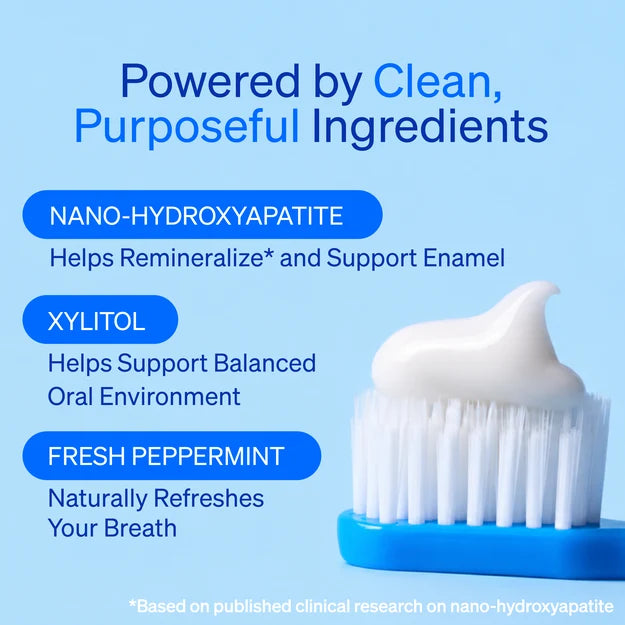 Toothbrush with toothpaste beside a list of purposeful ingredients