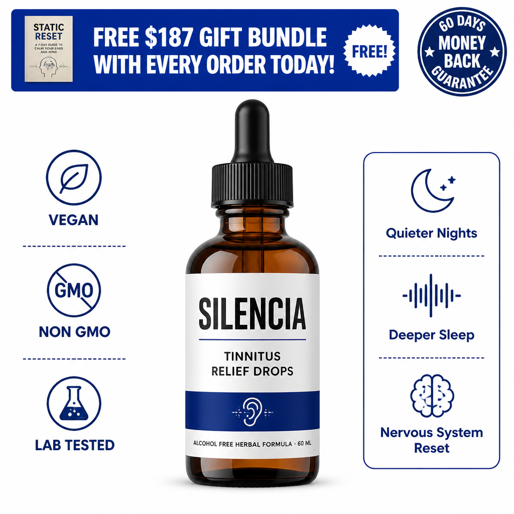 SILENCIA Tinnitus Relief Drops — 4.9 stars, 60-day money back, calmer nights in 4 weeks, alcohol-free