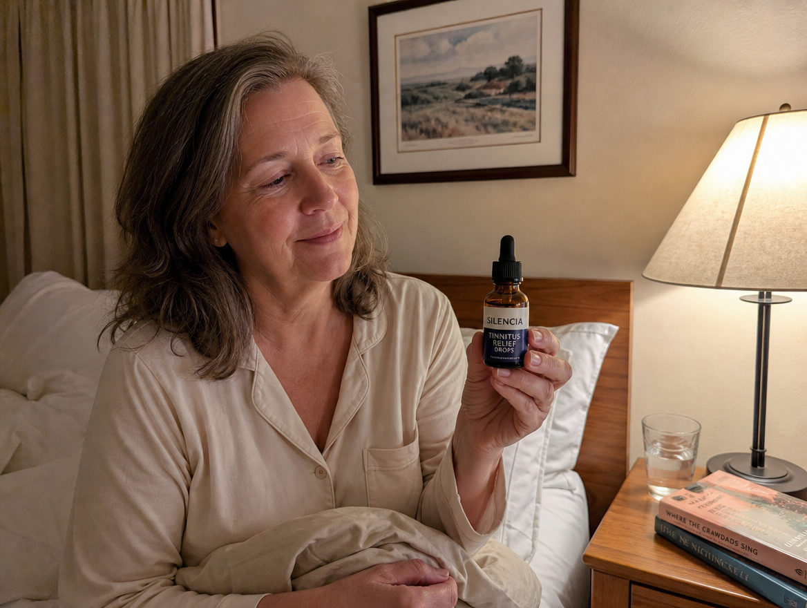 Woman with Silencia dropper bottle in bedroom