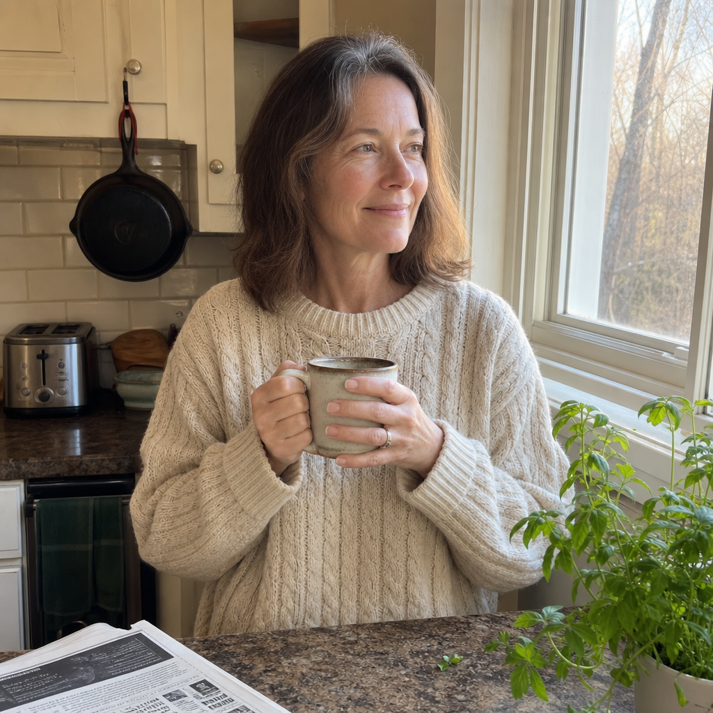 Woman peaceful in kitchen with morning coffee