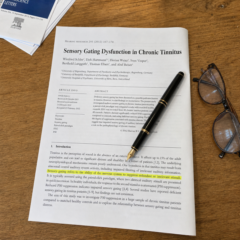 Sensory gating research paper on desk with pen and reading glasses