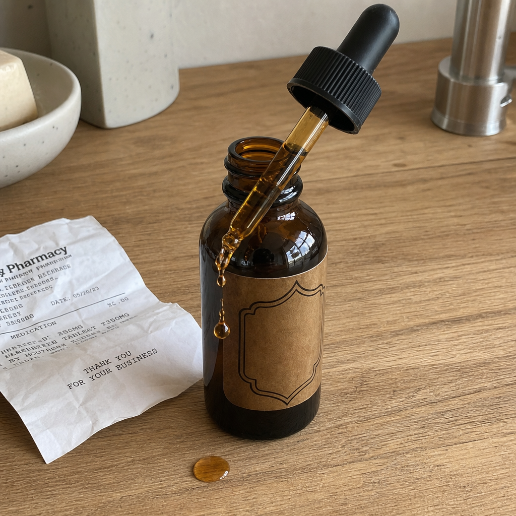 Amber tincture bottle dripping on bathroom counter