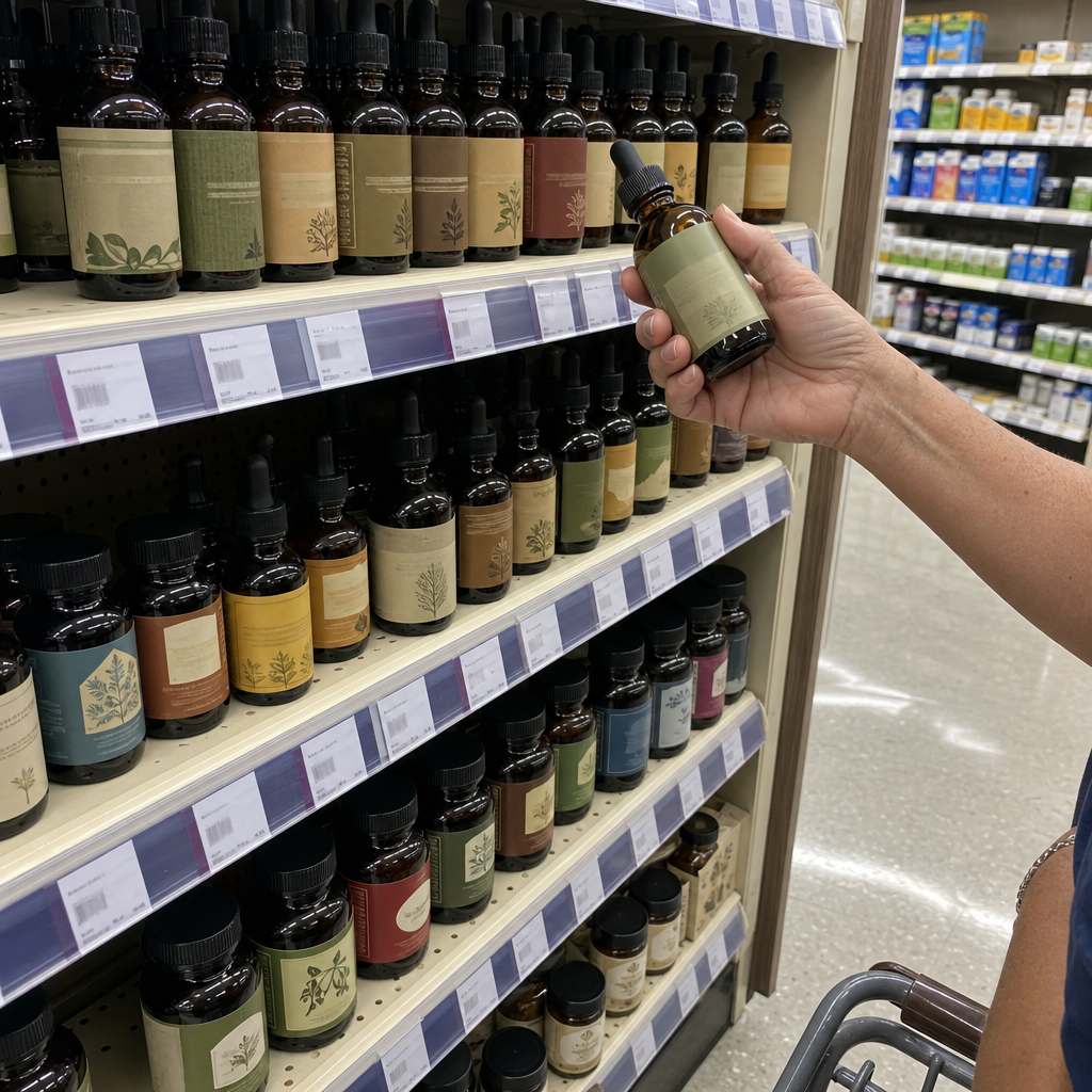 Row of generic tincture bottles on a pharmacy shelf