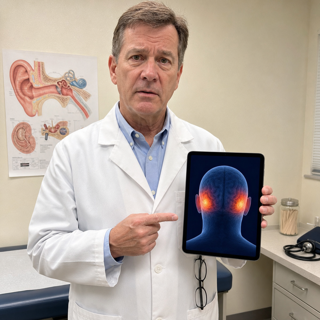 Doctor showing brain heat map of auditory cortex activity